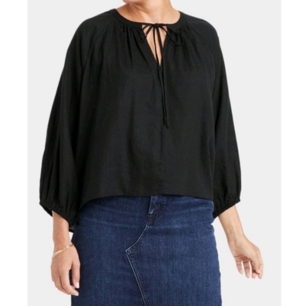 A New Day Raglan Long Sleeve Front Tie Relaxed Fit Top, Black, Sz Large, NWOT